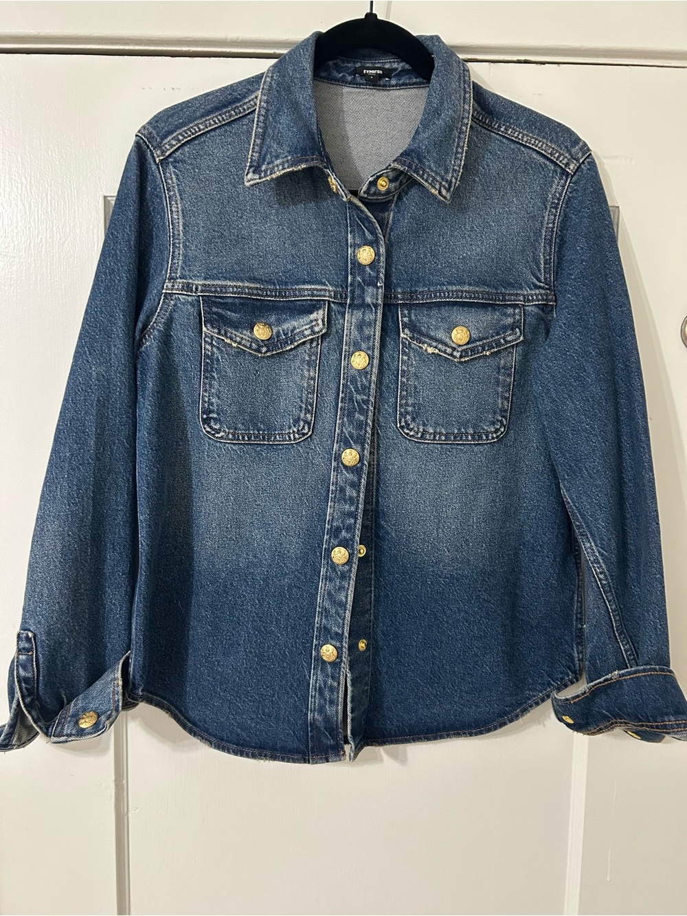 Express Denim Button-Front Shirt - Blue with Gold Buttons